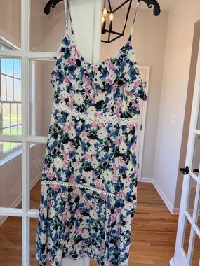 BCBG Floral Ruffle Spaghetti Strap Dress - Blue, Pink, Green on Cream NWT